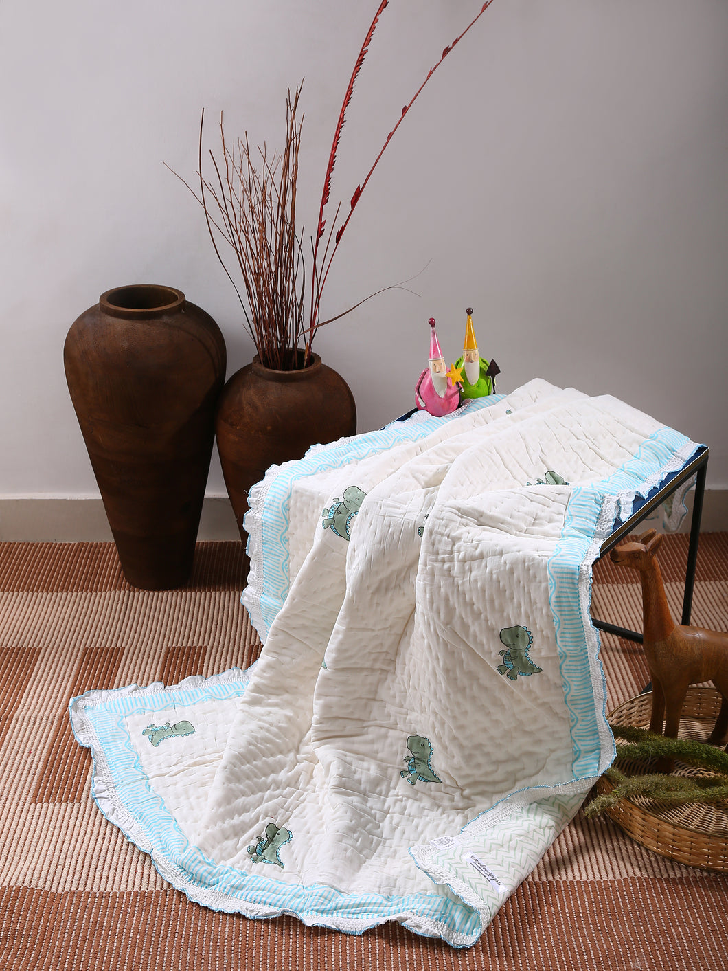 Hand block printed Reversible Baby Quilt - DINO